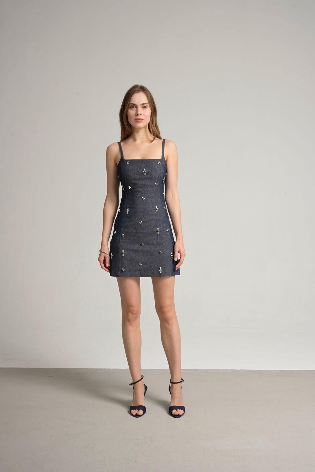 taşlı denim elbise