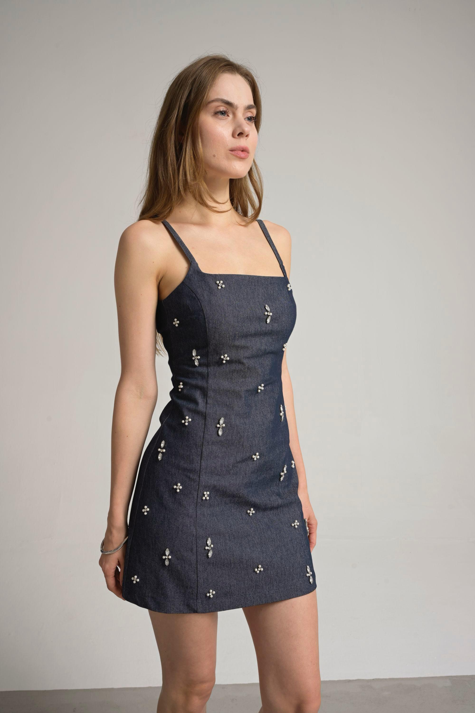 taşlı denim elbise