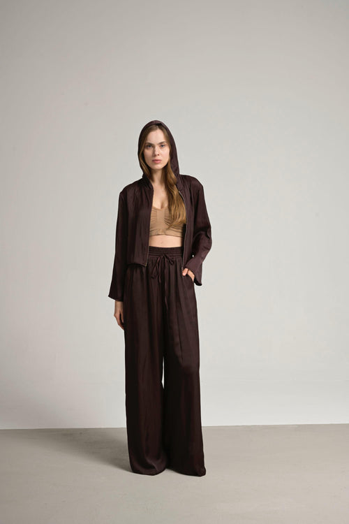 bordo beli lastikli saten pantolon