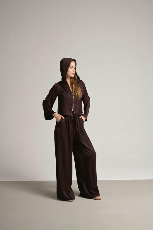 bordo beli lastikli saten pantolon